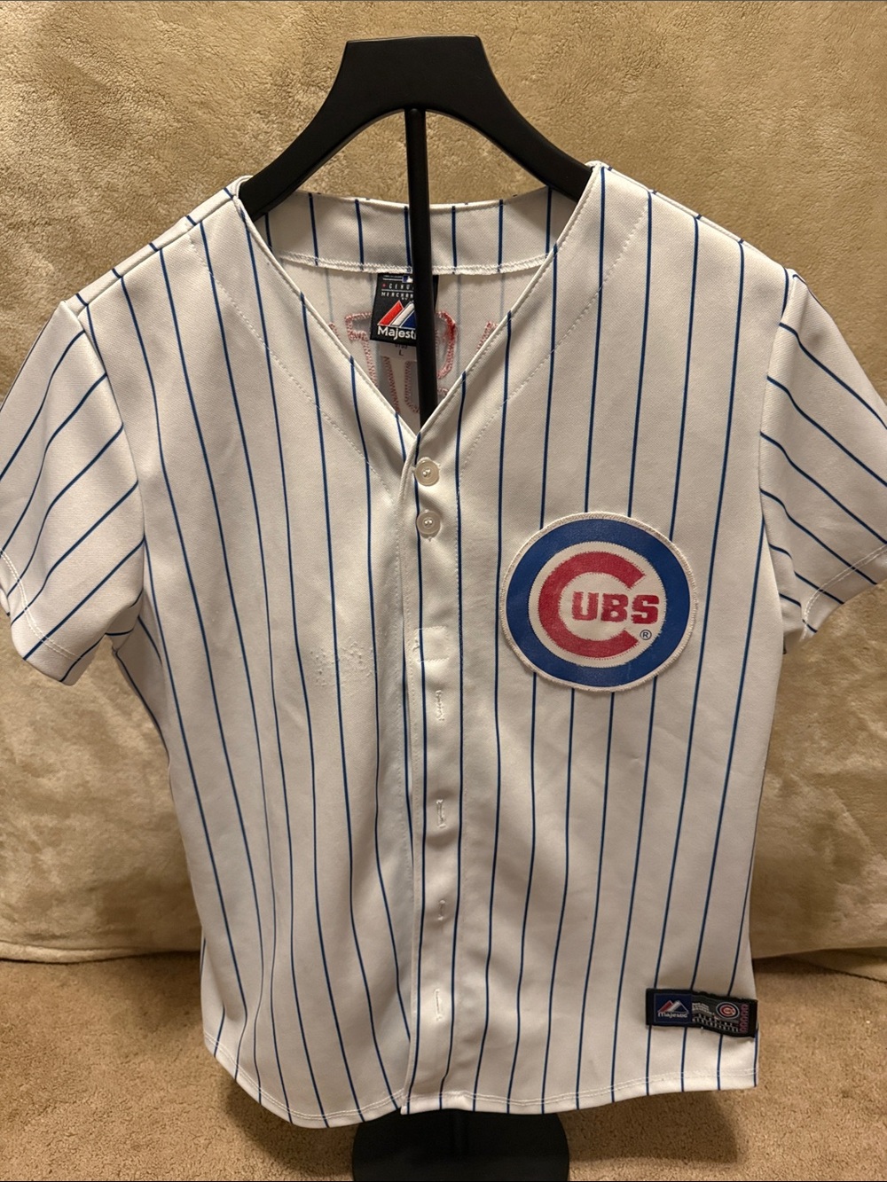 Majestic White Baseball Jersey with Blue Pinstripes and Cubs Patch